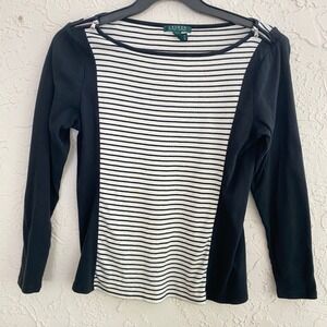 Lauren Ralph Lauren Preppy Coastal Top Women L Black White Zipper Shoulder‎